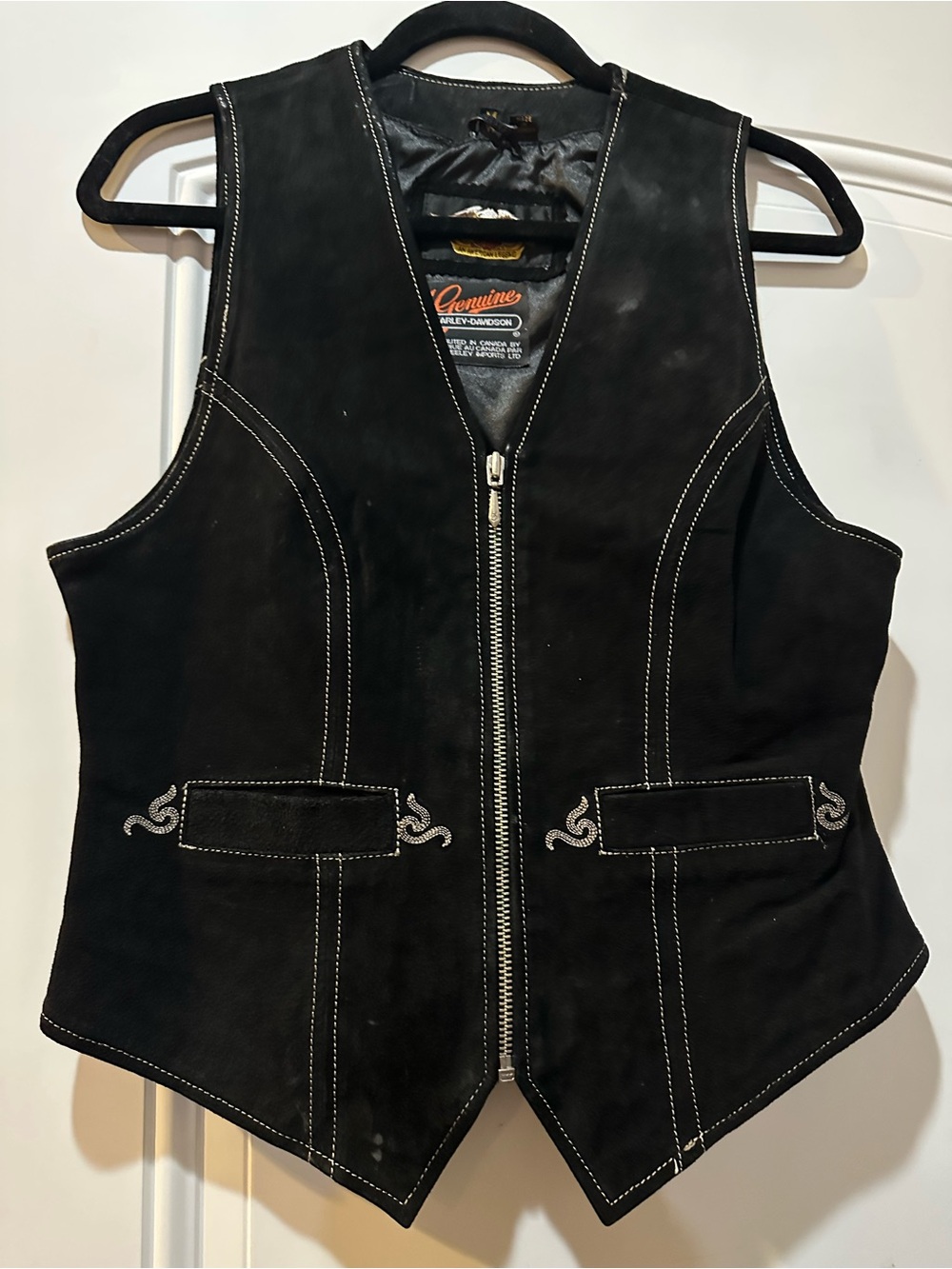 Harley-Davidson Black Leather Vest with White Contrast Stitching